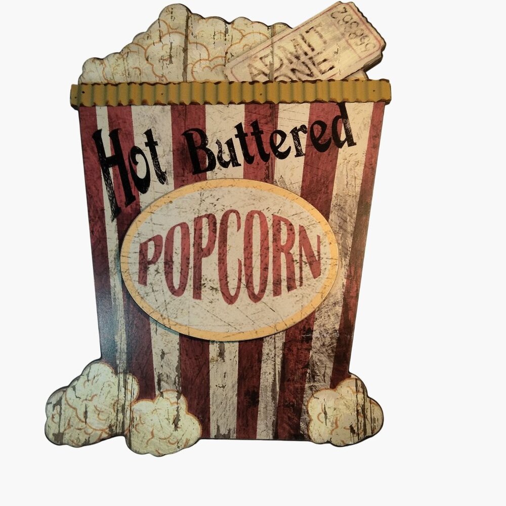 Rustic Popcorn Wall Decor Sign Hot Buttered Movie Theater Vintage Look